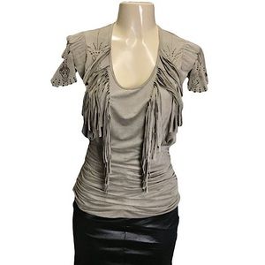 Byron Lars Rare Sage Taupe Unique Fringe Top